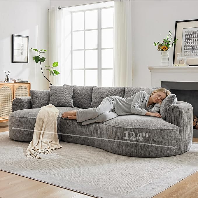 Opiesit 124" Oversized Boneless Couches for Living Room, Sectional Curved Sofa with 7 Pillows, L-Shape Boneless Couch with Deep Seat, High-Density Memory Foam, No Assembly Required, Chenille (Grey)