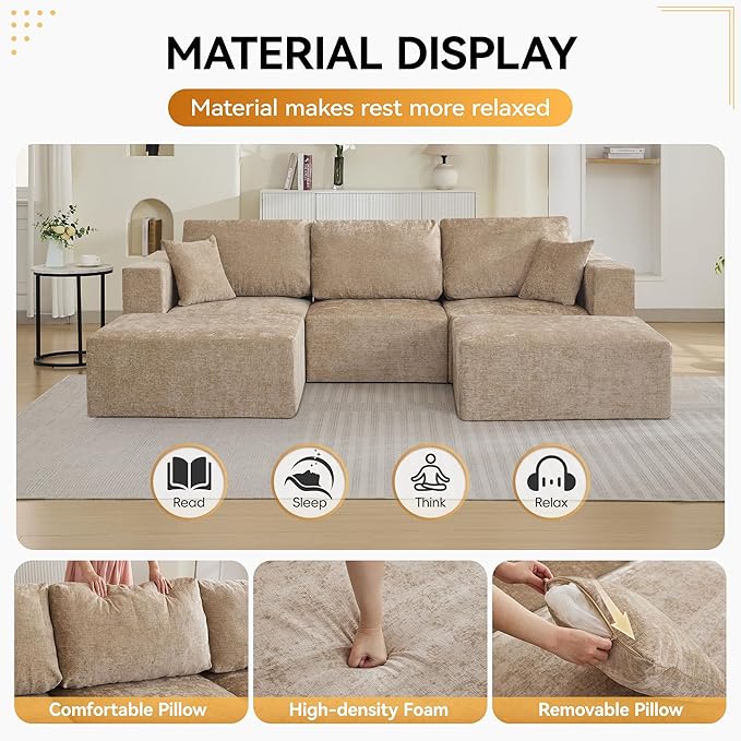 115'' Boneless U Shaped Modular Sectional Sofa, Deep Seat 3 Seater Chenille Couch with 2 Movable Ottomans, Convertible Sleeper Sofa with Chaise for Living Room, Camel