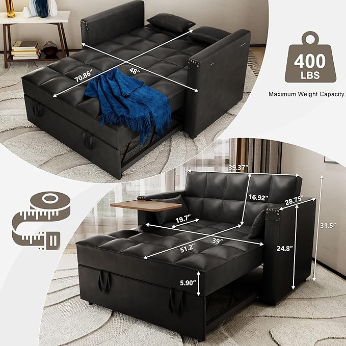 ORRD Convertible Sofa Bed, 3-in-1 Multi-Functional Faux Leather Sleeper Couch Pull-Out Bed, 48'' Loveseat Bed Chaise Lounge with Adjustable Backrest and Hidden Side Table for Living Room, Small Space