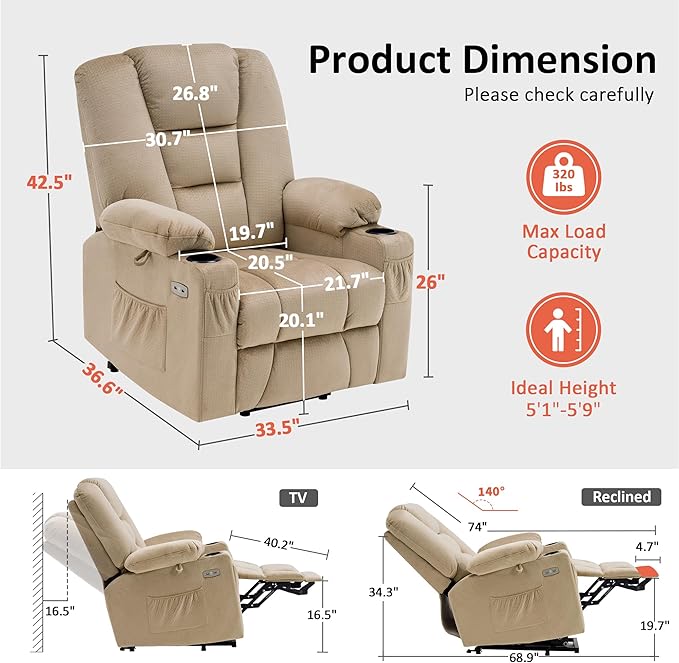 MCombo Power Lift Recliner Chair with Massage and Heat for Elderly People, Cup Holders, USB Ports, Side Pockets, Fabric 7529 (Medium, Beige)