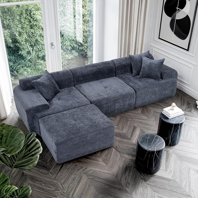 119’’ Modular Sectional Sofa, Cloud Sectional Couch with Deep Seat, Modern Modular Compression Sofa Couch with Chaise, Upholstered Couches, Throw Pillows for Living Room Bedroom, Blue