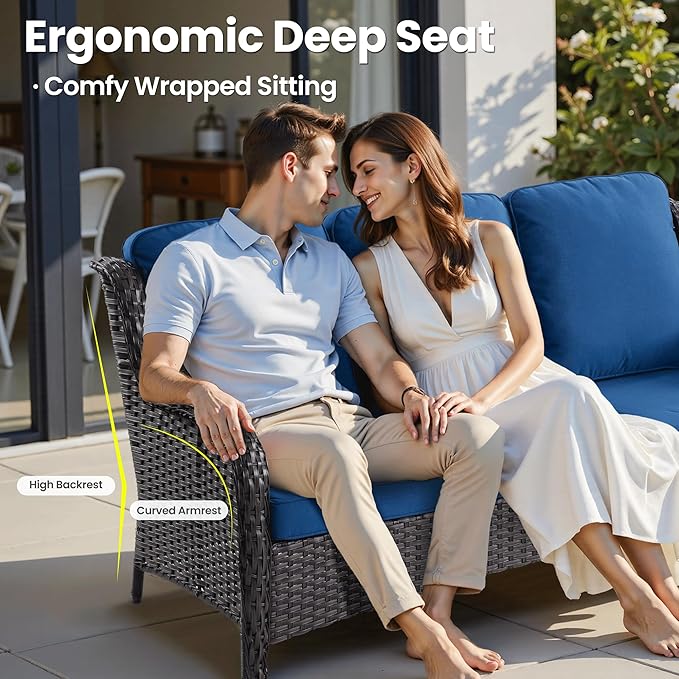 ovios 6 Pieces Patio Furniture Set, Outdoor Wicker Sofa Couch with Swivel Chairs Ottomans Comfy Cushions, High Back Modern All Weather Conversation Sets, Brown Rattan, Navy Blue