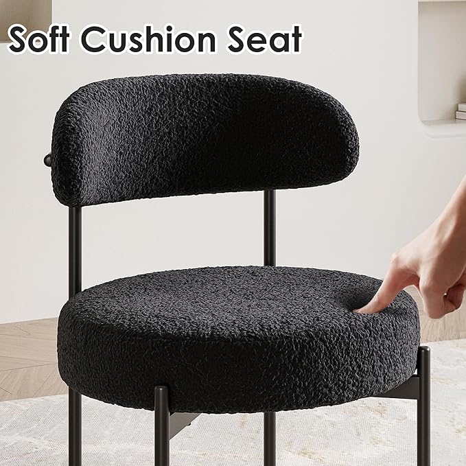 Farini Dining Chairs Set of 4,Mid-Century Modern Kitchen Chair Curved Backrest Round Upholstered Sherpa Dining Chairs with Metal Legs,Black
