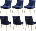 WUTUTUEE Velvet Dining Chairs Set of 6 Gold Legs,Upholstered Velvet Accent Chairs, Pleated Back Design & Gold Pull Handle, Mid Century Modern Chairs for Dining/Kitchen/Living Room,Blue