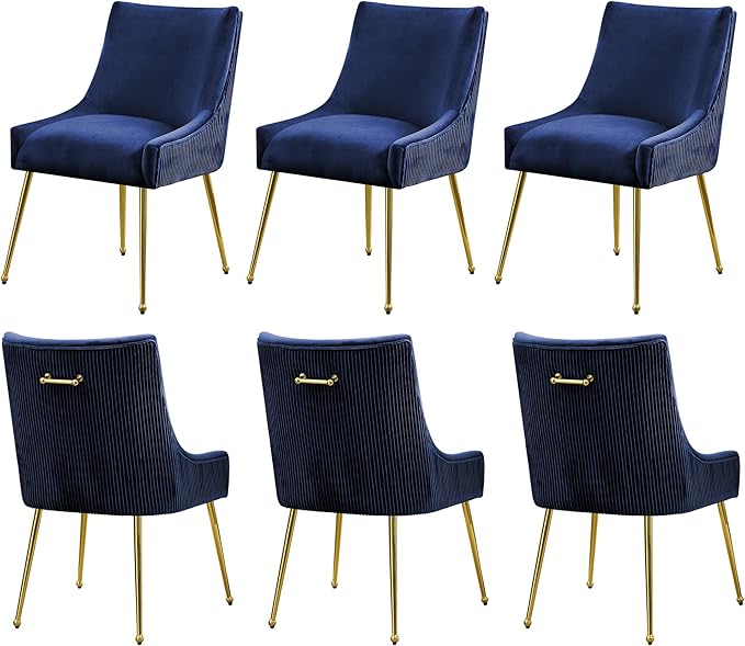 WUTUTUEE Velvet Dining Chairs Set of 6 Gold Legs,Upholstered Velvet Accent Chairs, Pleated Back Design & Gold Pull Handle, Mid Century Modern Chairs for Dining/Kitchen/Living Room,Blue
