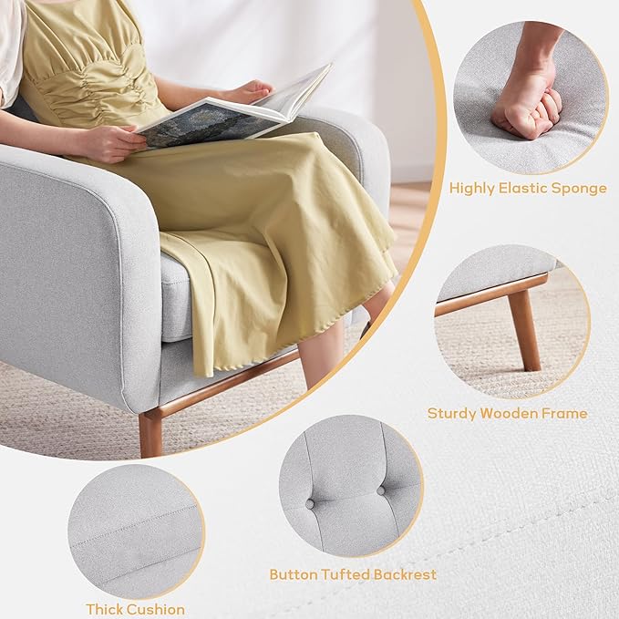 HUIMO Fabric Accent Chair, Mid Century Modern Arm Chair Button Tufted Living Room Chairs Easy to Install, Upholstered Comfy Sofa Chair for Bedroom Study Office Reading Corner (Light Grey)