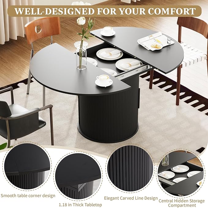weselon 43"-59" Extendable Round to Oval Dining Table with Hidden Storage, Modern Wooden Kitchen Table with Fluted Sliding Door Cabinet, Expandable Dinner Table for Dining Room Living Room (Black)