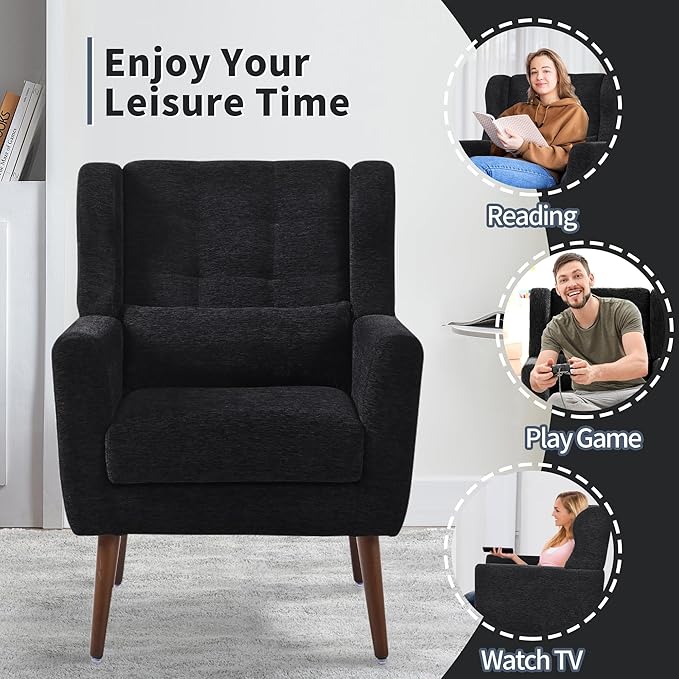 CHSICFOR Modern Accent Chair, Upholstered Arm Chair with Waist Pillow, Single Sofa Chair for Living Room Bedroom Small Spaces (Black)