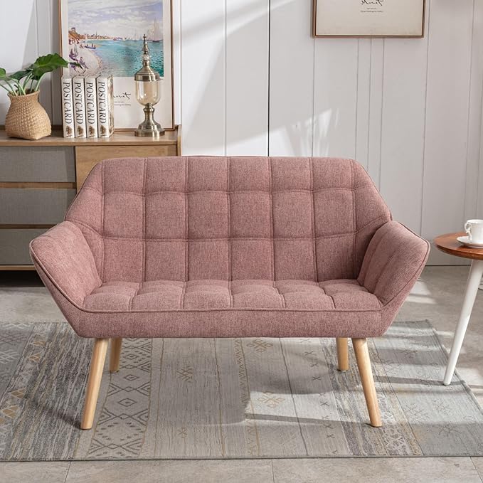 48" Small Loveseat Sofa, Mid Century Modern Linen Love Seat with Wood Legs 2-Seat Sofa Couch Tufted Wingback Upholstered Sofa Chair for Living Room Bedroom Apartment, Pink