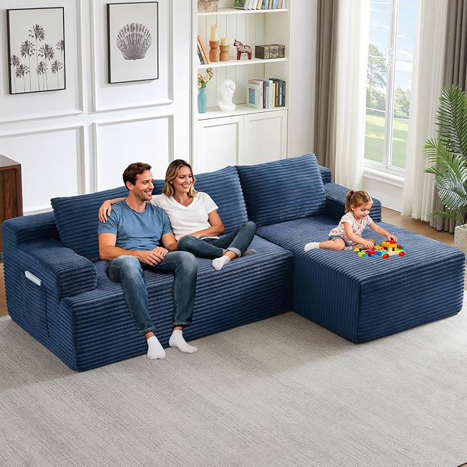96.1" Modular Sectional Sofa Couches L-Shape Couch 3 Seat Modular Sofa Corduroy Memory Foam Sectional Boneless Couches for Living Room, Cloud Couch with Oversized Chaise(Blue, Right Facing)