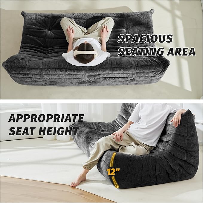 Homguava Bean Bag Chair, Giant Beanbag Chairs for Adults, Memory Foam Fireside Chair, Large Lazy Floor Sofa, Sofa Couch with High-Rebound Foam, Lounge Chair for Living Room, Bedroom (Grey, 3-Seater)