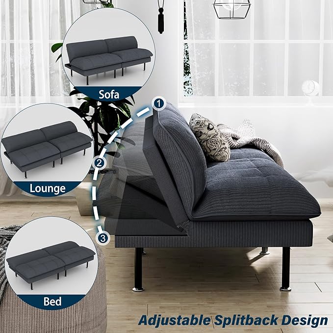 2 Sets 70" Futon Sofa Bed, 4 in 1 Multi-Function Couch Sleeper with Adjustable Backrest, Modern Convertible Futon, Recliner Small Loveseat for Living Room, Grey