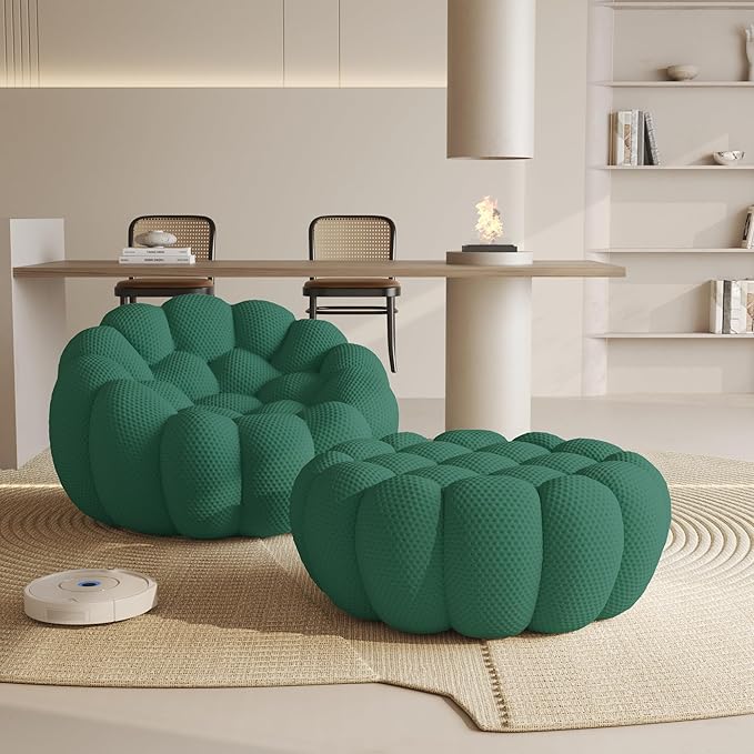 WJShome Modular Sectional Sofa,Bubble Couch Set,1 Seater+ Ottoman,Modern Upholstered Bean Bag Sofa Couch Mesh Fabric Lazy Floor Chair Living Roon Sets (Green)