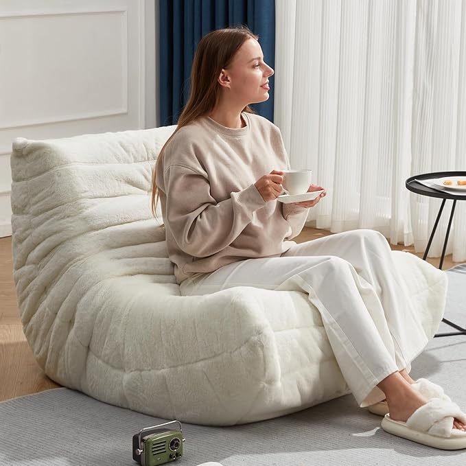 Bean Bag Chairs for Adults Giant Bean Bag Chair Memory Foam BeanBag Chair Bean Bag Sofa with Filler Faux Fur Fireside Beanbags Lazy Sofa for Living Room Bedroom Office (White Plush, Single)