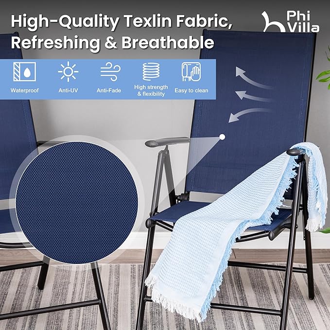 PHI VILLA Outdoor Patio Folding Chairs Set of 2, Portable Patio Dining Chairs with Adjustable Backrest for Outside, Garden, Lawn & Yard, No Assembly, Blue