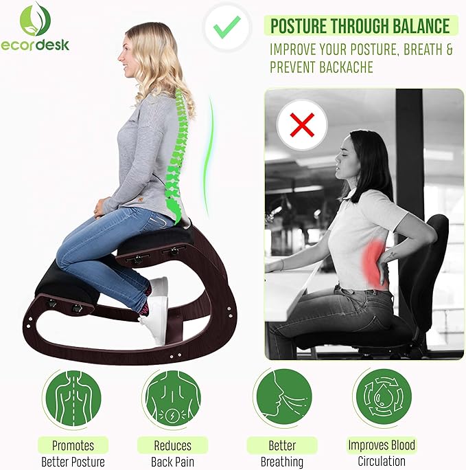 Ecordesk Ergonomic Kneeling Chair - Natural Latex Foam - Posture Chair for Desk with Adjustable Seat & Knee Pad, Rocking Knee Chair for Upright Posture (Walnut)
