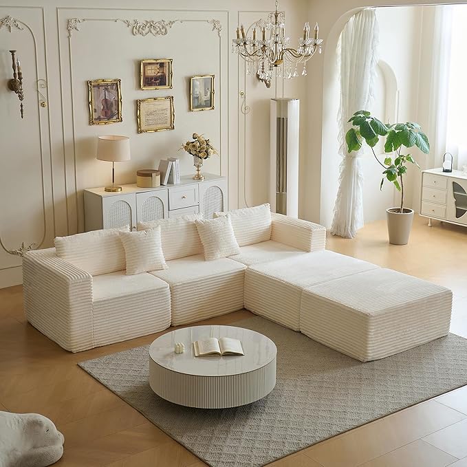 110" Modular Sectional Couch with 2 Movable Ottoman, Cloud Sofa Couches for Living Room, U Shaped Deep Seat Boneless Sofa,Luxury Corduroy Fabric, No Assembly Required White