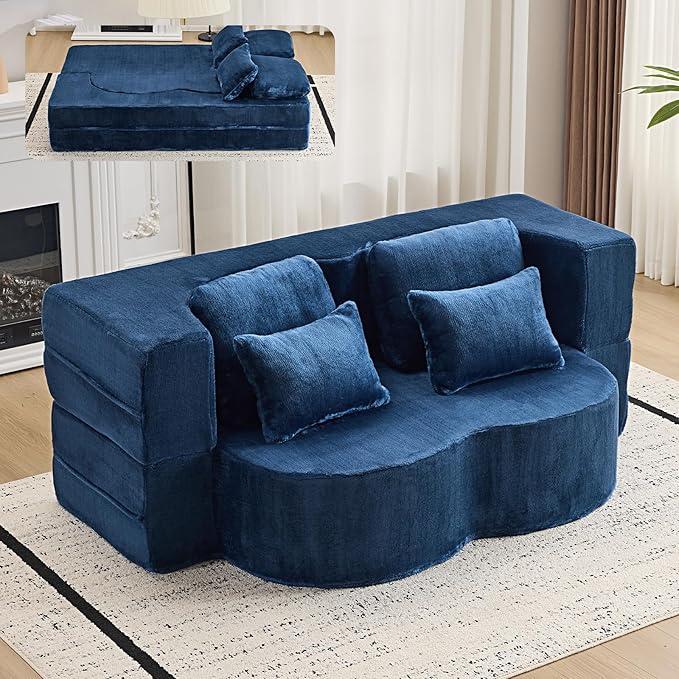 Orynveela Convertible Folding Sofa Bed, 78” Full Size Floor Sleeper Couch, Chenille Full Foam Futon Loveseat for Living Room Bedroom, No Assembly Required (Deep Blue)