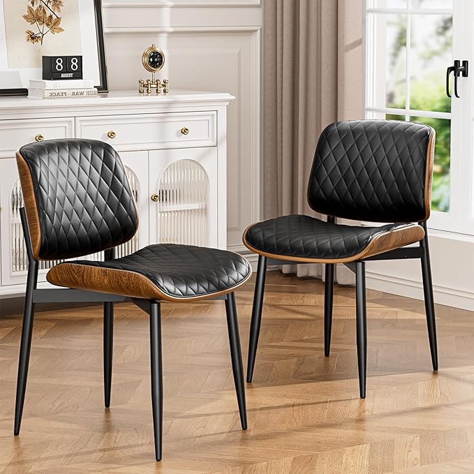 YaFiti Dining Chairs Set of 2, FSC Certified Mid Century Modern Accent Dining Room and Kitchen Chairs, Upholstered PU Leather Diamond Check Chairs with Walnut Bentwood and Metal Legs, Black