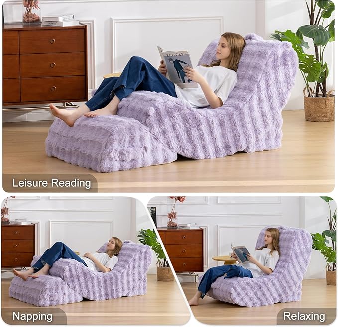 Gaint Bean Bag Chairs for Adults, Beanbag Lounge Filled with Memory Foam, Adjustable Angle, Velvet Fabric, with Detachable Footrest for Bedroom, Living Room and Nursery(Taro)