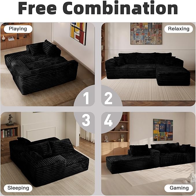 Sectional Cloud Boneless Couch for Living Room Bedroom, Modern L Shaped Modular Sofa with Right Facing Chaise, Comfy Deep Seat Memory Foam Couch in Box, No Assembly (Wide Striped Corduroy, Black)