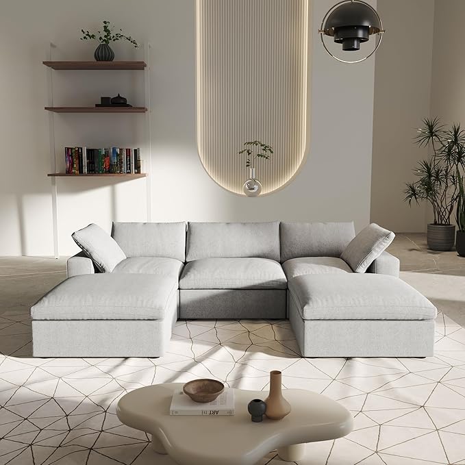 U-Shaped Cloud Sectional Couch, Light Grey Modular Sectional Sofa, Modern Comfy Cloud Sofa with Storage Ottomans, Covers Removable, Convertible Sleeper Couch for Living Room Apartment (Linen Fabric)