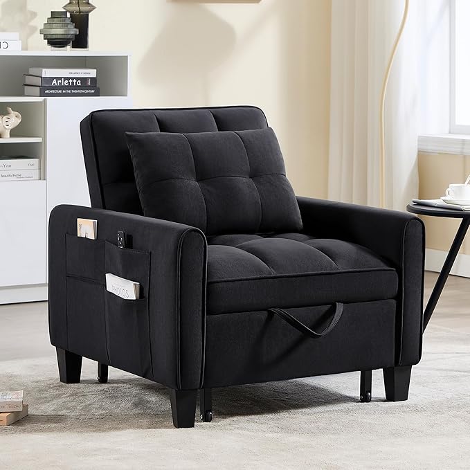 Choairy Modern Black Velvet 3 in 1 Sleeper Chair Bed Pull Out Sofa Bed Chair, Adjustable Backrest, 3 Reclining Positions, Adult Size, Indoor Use