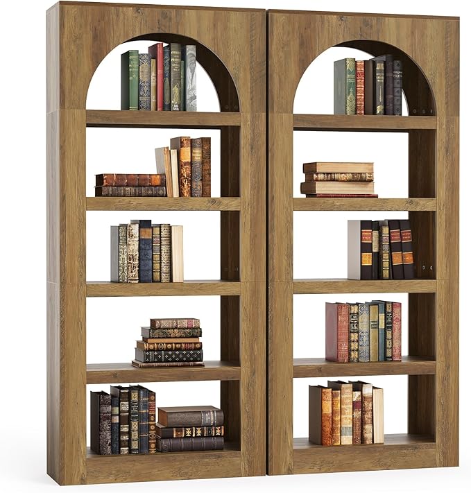 LITTLE TREE 5-Tier Arched Bookshelf Set of 2, Modern 70.8 Inches Tall Wooden Bookcase, Open Display Storage Shelf Organizer for Living Room, Home Office, Bedroom, Light Brown