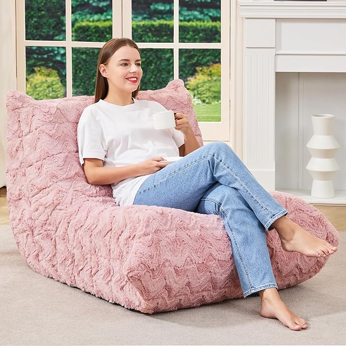 Bean Bag Chairs for Adults Giant Bean Bag Chair Memory Foam BeanBag Chair Bean Bag Sofa with Filler Faux Fur Fireside Beanbags Lazy Sofa for Living Room Bedroom Office (Pink Chevron, Single)