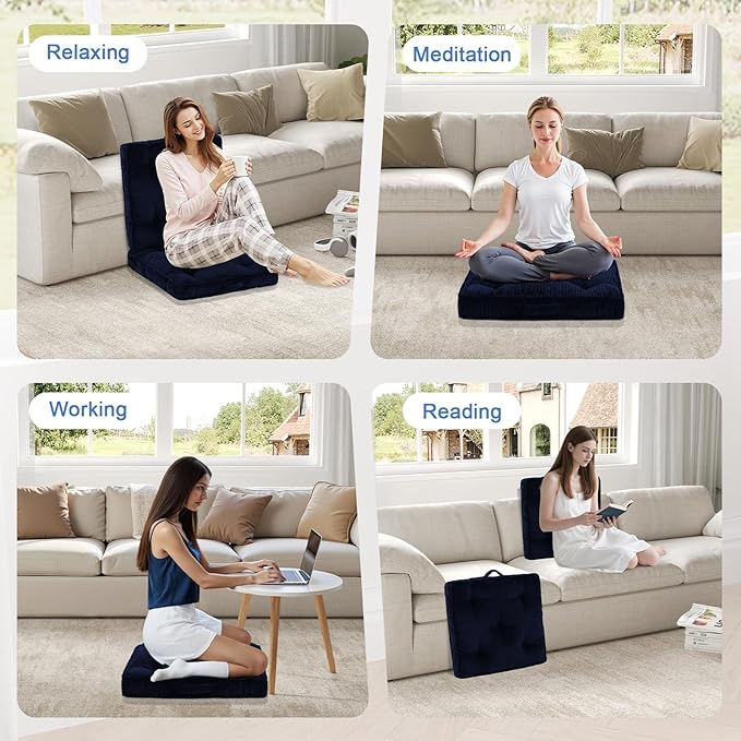PRIMEPATIO Square Floor Pillow for Adults, Tufted Floor Cushion for Sitting, Large Meditation Cushion, Thick Corduroy Seat with Handle, Tatami Seating for Yoga, 24x24 Inch Navy Blue, 1Pack