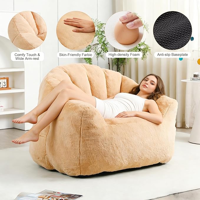 Bean Bag Chair, Bean Bag Couch for Adults and Kids, Comfy Shell-Shaped Chair with Filler Armrests Stuffed High-Density Foam Stuffed Sofa Lounge Floor Sofa for Bedroom,Gaming, Reading,Orange