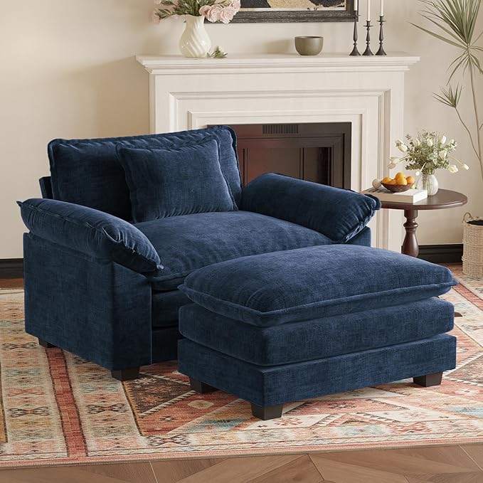 HUSFU Accent Chair with Ottoman, Oversized Chenille Cloud Couch Chair with Deep Seat and Extra Wide Armrests, Comfy Reading Armchair for Bedroom, Living Room, Blue