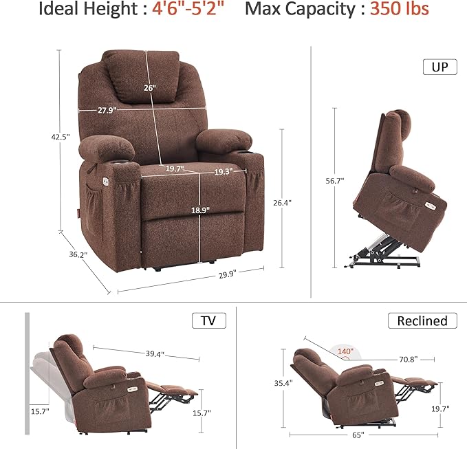 MCombo Small Power Lift Recliner Chair Sofa with Massage and Heat for Petite Elderly, 3 Positions and USB Ports, Extended Footrest, Fabric 7141 (Coffee)