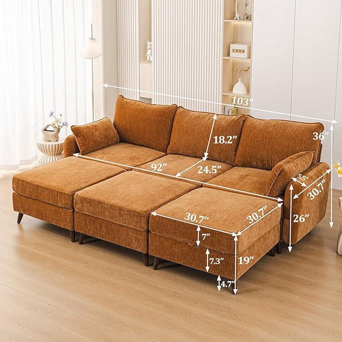 Rexulqo 104'' Modular Sectional Sofa with All Seats Storage, Oversized Sleeper Sofa Bed,Comfy Cloud Couches with Movable Ottoman,24.5'' Deep Seat,Large Sectional for Living Room,Bedroom,Velet,Yellow