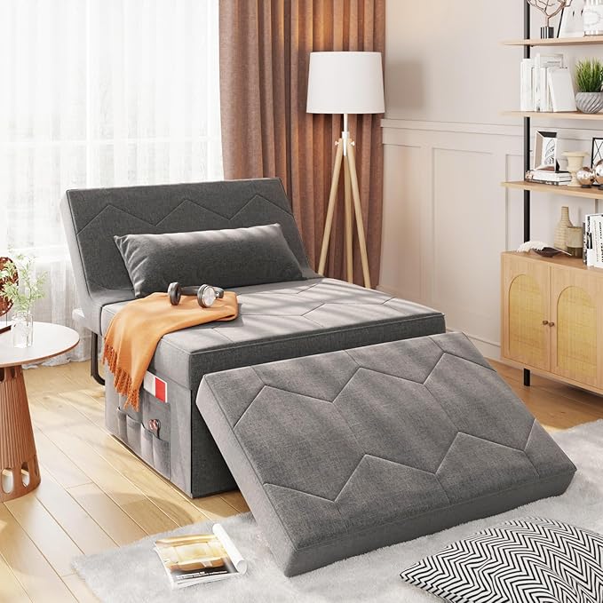 4 in 1 Sleeper Chair, Convertible Sleeper Sofa with Ottoman, Ottoman Bed for Adults, Sofa Bed with Adjustable Backrest for Living Room Apartment Office, Light Grey