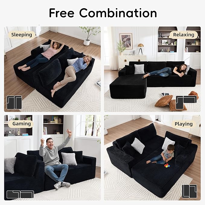 Opiesit 108" Boneless Couches for Living Room, Modular Sectional Sofa with Oversized Chaise, L-Shape Cloud Couch with Deep Seat, High-Density Memory Foam, No Assembly Required, Plush Corduroy Black