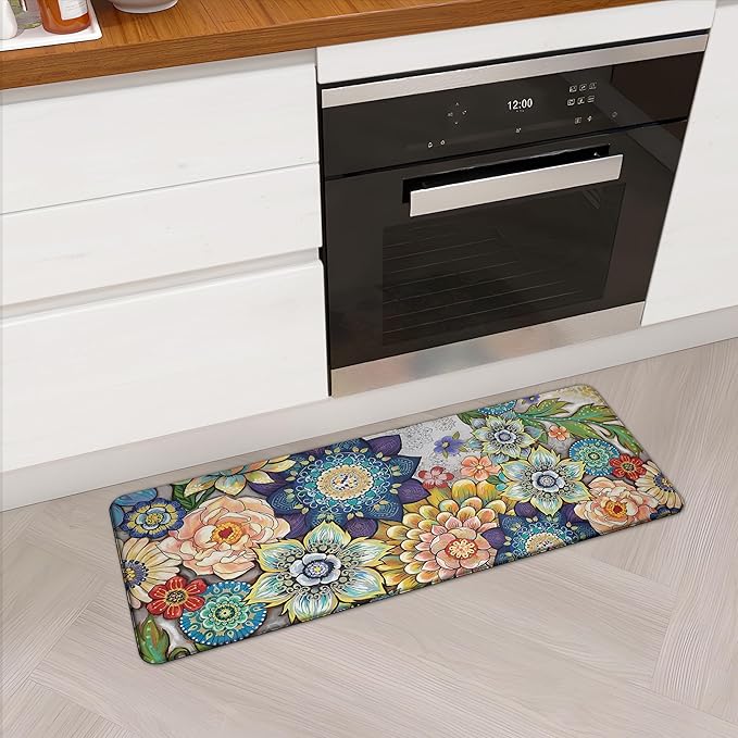 Floral Kitchen Runner Rug Mat for Floor Boho Cushioned Anti-Fatigue Mat Memory Foam Standing Desk Padded Comfort Floor Mat for Sink, Office, Laundry, 17.3x47 Inch - 1/2 Inch Thick