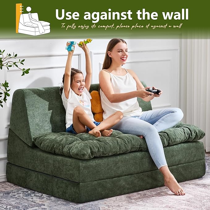 Hobestluk Sofa Couch Folding Sofa Bed Sleeper Comfy Floor Lounger Loveseat Sofa with Removable Cushion Couches Foldable Mattress for Living Room Bedroom or Office (Chenille Green, Oversize)