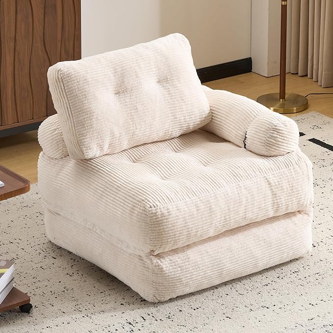 Folding Sofa Bed with Armrest,Convertible Sleeper Chair for Adults, Folding Sofa Bed Foam Filling Couch with Pillow，Sleeper Chairs Single Size Floor Mattress,White