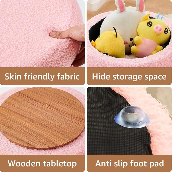 Wimarsbon Round Storage Ottoman, Modern Sherpa Footstool, Teddy Vanity Stool with Flip-Top Tray, Makeup Chair for Home Decor, Upholstered Footrest for Living Room & Bedroom (Pink L)