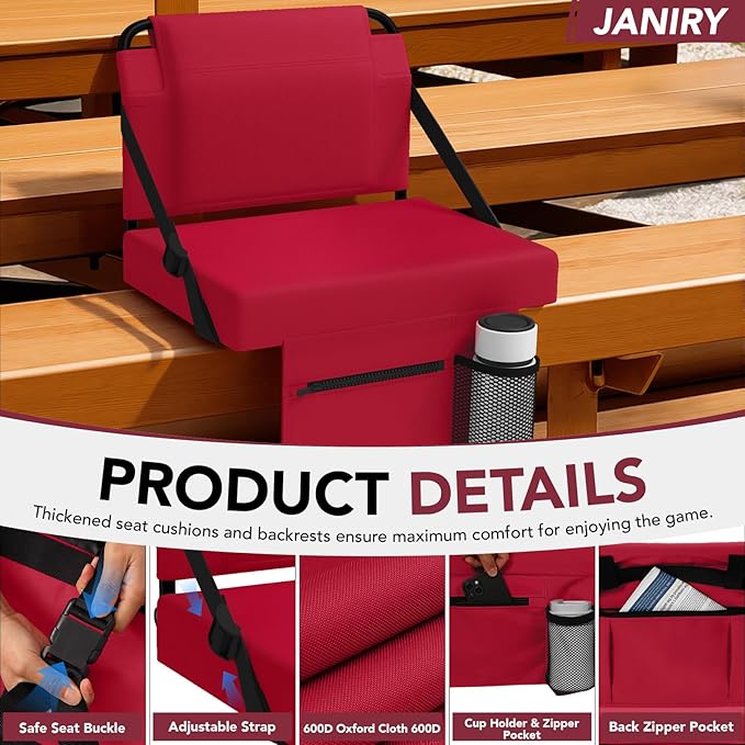 Stadium Seat 2 Pack for Bleachers with Back Support,Portable Bleacher Chairs with Back and Cushion，Maroon
