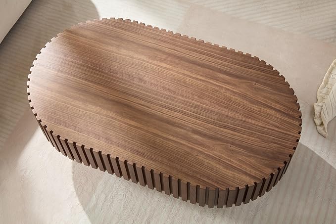 KEVINSPACE Oval Coffee Table 43.7" Wood CoffeeTable for Living Room Drum ModernCoffeeTable TeaTable Wooden Coffee Tables PedestalCoffeeTable Home Furniture Office Apartment Walnut