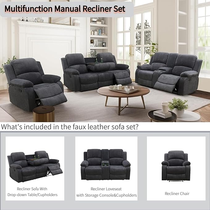 Manual Reclining Sofa Set with Drop-Down Table, Corduroy Sofa Sets, Living Room Furniture Sets, Modern Manual Recliner Sofa Sets with Storage Console for Living Room (Dark Grey, Sofa+Loveseat+Chair)