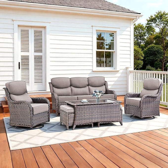 Pugire Luxury High Back Patio Furniture Set with 6-Inch Thick Cushions, 6-Pieces Outdoor Furniture with Swivel Chairs, Wicker Conversation Set for Porch, Balcony, Deck and Yard, Brown/Grey