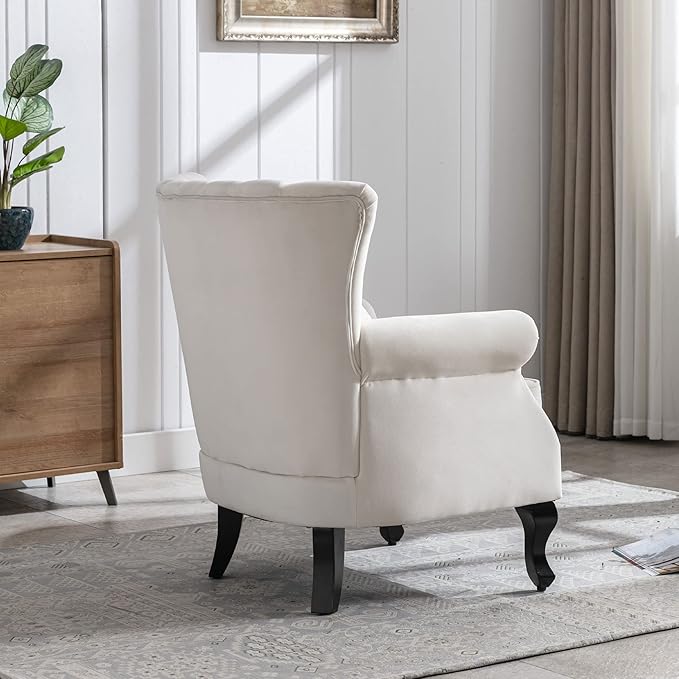 DM Furniture Velvet Accent Chairs Set of 2 with Arm Comfy Living Room Chair Mid-Century Modern Wingback Side Chair Single Sofa Couch for Bedroom Guest Room, Cream