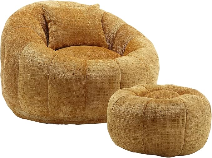 HOMEFLEX Modern Bean Bag Chair for Adults, Comfy Reading Nook Seating with Pillow, Round Chairs with Ottoman, Leisure Single Sofa, Ideal for Living Room, Bedroom, Apartment (Yellow)