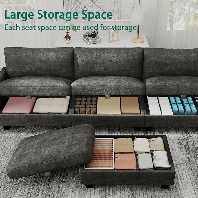 Modular Sectional L Shaped Sofa Couches for Living Room, Cloud Couch with Storage Ottoman, Comfy Chenille Sofa with Pillow, Dark Gray