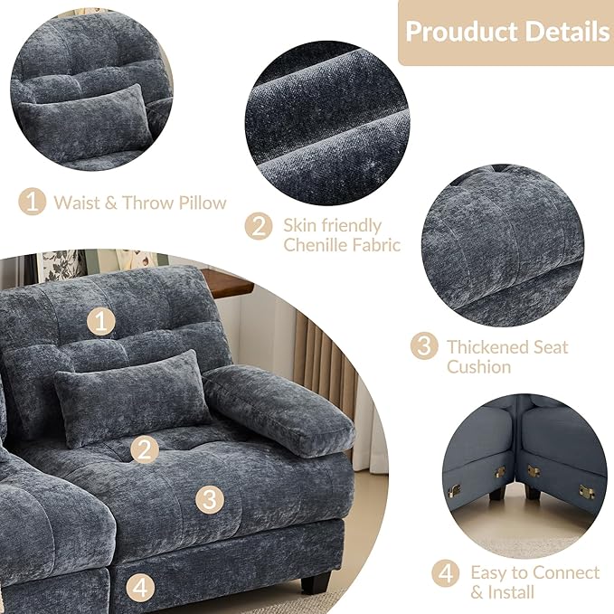 GRAINLLE 67'' Modern Chenille Love Seat Sleeper Cloud Couch Bed,Convertible Cozy Deep Seat Couches with Wide Armrest & Throw Pillows for Living Room,Home,Bedroom(Blue)
