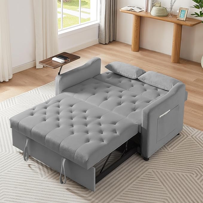hansones 3-in-1 Convertible Sleeper Sofa Bed, Pullout Couch with 360° Swivel Side Table, Modern Chenille Fabric, Easy to Assemble, Folding Loveseat Sofa Bed for Living Room & Guest Room