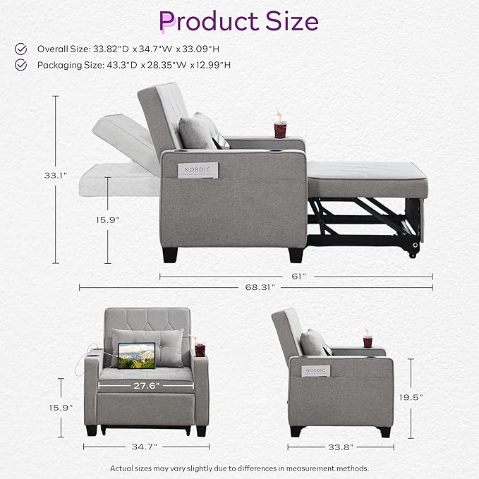 TYBOATLE Convertible Sleeper Chair Bed for Adults, 3-in-1 Pull Out Sofa Chair Bed with USB/Type-C Ports, Cup Holders, Side Pockets, Single Sofa for Living Room, Bedroom, Small Space (Grey)
